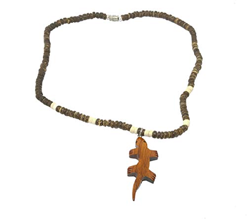 Hawaiian Koa Wood Gecko Pendant Coconut Bead Necklace