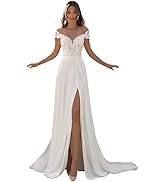 POMUYOO Women's Beach Wedding Dresses for Bride 2024 Lace Appliques Wedding Bridal Gowns for Women