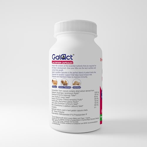 Image of Galact Lactation Capsules - Breast Milk Booster & Lactation Supplement for Breastfeeding | Infused with Shatavari & 6 Natural Herbs | Increases Breast Milk Quantity | Pack of 60 Capsules