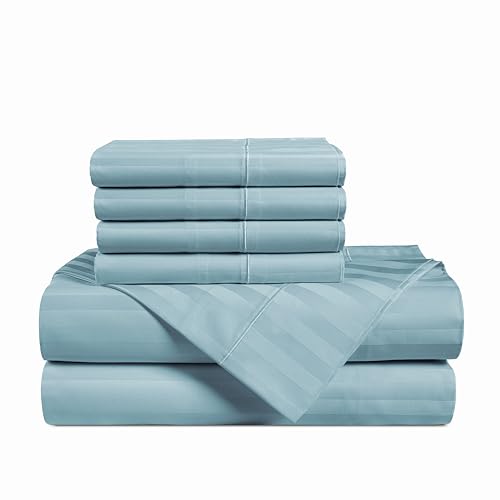 Casa Platino 100% Egyptian Cotton Sheets King Size Set - 6 Pieces - Damask Stripe- Ultra Smooth Sateen Weave Bed Sheets Set with 15" Deep Pockets - Blue Sky