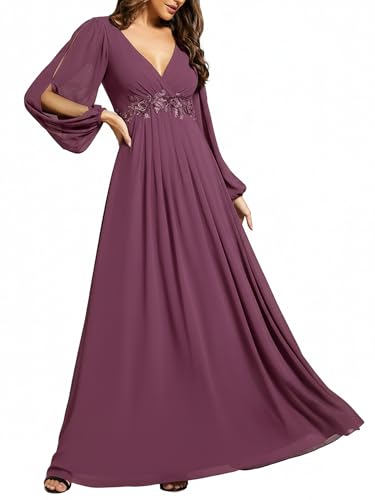 Ever-Pretty Women's V Neck Long Sleeves Floor Length Ruched Chiffon