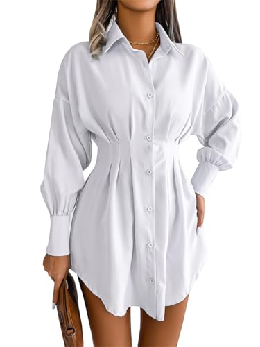 Damen Hemdkleid V-Ausschnitt Knopf Lose Casual Langarm Mini Hemdkleid, weiß, L