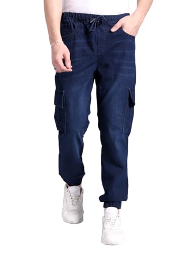 Image of The Indian Garage Co Men Regular Fit Solid Mid-Rise Stretchable Denim Cargo Joggers