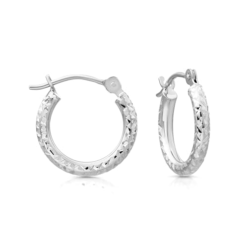 14K Gold Fancy Diamond-cut Round Hoop Earrings, Secure Latch Back Closure