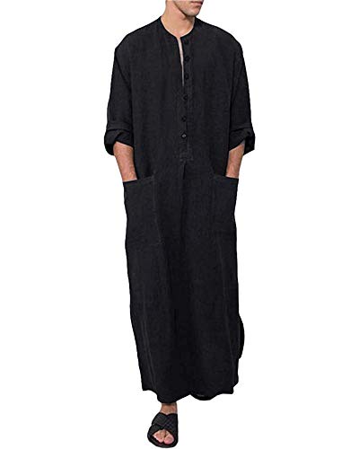 Jacansi Men's Button up Cotton Robe Long Sleeve Kaftan Thobe Long Gown Casual Shirt for Beach3