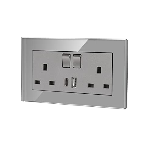 5 Pack CNBINGO Glass Double Switched Socket with USB-A and Type-C Charging Ports, Grey Tempered Glass Panel Wall Outlet, 2 Gang 13 Amp Electric Power Socket 5 Pack CNBINGO Glass Double Switched Socket with USB-A and Type-C Charging Ports, Grey Tempered Glass Panel Wall Outlet, 2 Gang 13 Amp Electric Power Socket