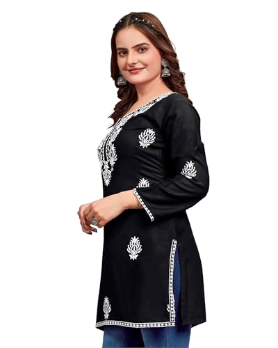 Image of Women's Rayon Chikankari Embroidered Short Kurti | Lucknowi Work Kurta