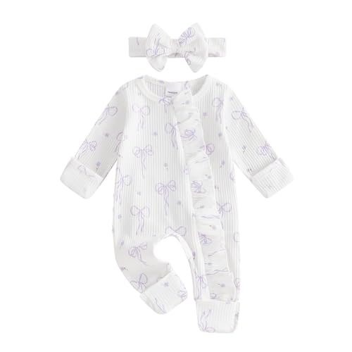 Image of Socutebabe Newborn Baby Girl Clothes Preemie Coming Home Outfit Ruffle Romper Cute Ribbed Jumpsuit Headband