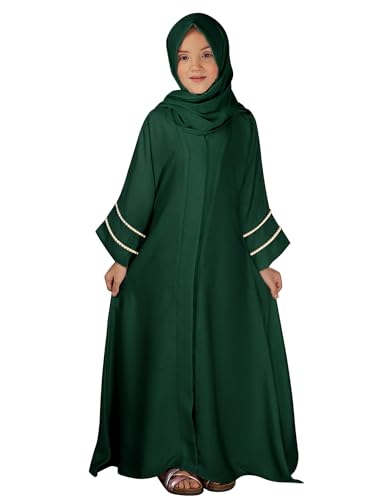 IDOPIP Muslim Dress for Girls Islamic Prayer Abaya with Hijab Ramadan Dubai Outfits Kids Long Sleeve Maxi Chiffon Cardigan Kaftan Robe Dresses Full Cover Modest Clothes Sets Blackish Green 5-6 Years