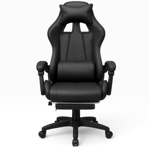 Sedia Poltrona Gaming Scrivana Ufficio Casa in Ecopelle Schienale Reclinabile Cuscino Lombare Poggiatesta Rotazione 360 Gradi Direzionale Altezza Regolabile 5 Ruote con Poggiapiedi (Black) - Sedia gaming - Immagine 7