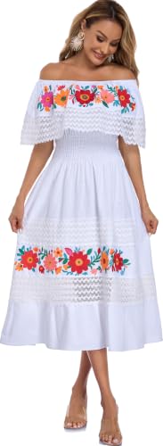 Image of YZXDORWJ Women Embroidered Mexican Peasant Casual Sexy Lace Off-Shoulder Long Dress