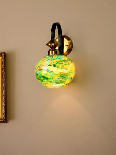 Image of HL Home Lighting Black Gold Finish Steel Single Wall Lamp with Green Marble Glass Globe
