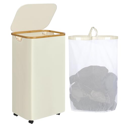 Image of iEGrow Laundry Basket with Wheels, 110L Clothes Hamper for Laundry, Laundry Hamper with Lid and Inner Bag, for Laundry Room, Bedroom, Dormitory Storage,Beige