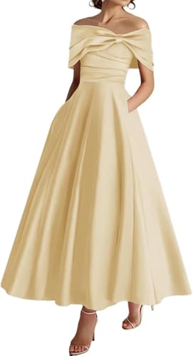 Off The Shoulder Mother of The Bride Dresses Tea Length Prom Dress Ruffle Satin Formal Evening Gowns with Pockets