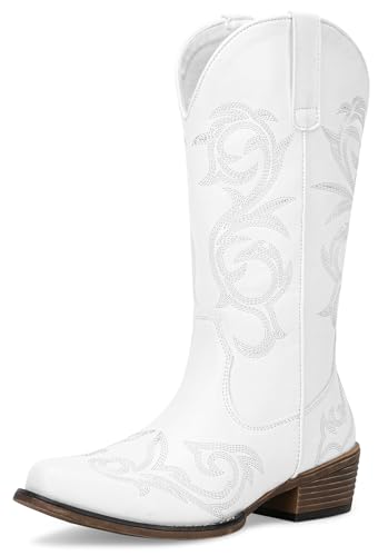 Jeossy 9808 Cowboy Boots for Women Wide Calf, Mid Calf Cowgirl Boots with Low Heel, Western Shoes with Side Zipper