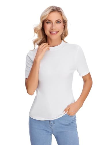 Verdusa Women's Business Casual Tops Mock Neck Short Sleeve Knit Basic Tees Work Ofiice Outfits