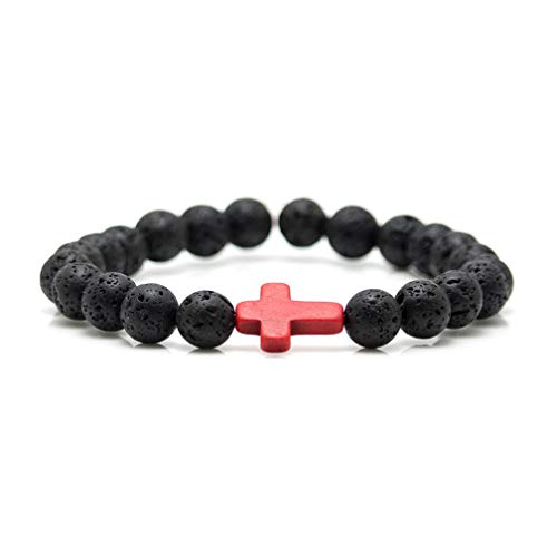 Xusamss Fashion 8mm Lava Rock Essential Oil Diffuser Bracelet Religious Cross Elastic Link Bracelet,7 1/2 Wrist