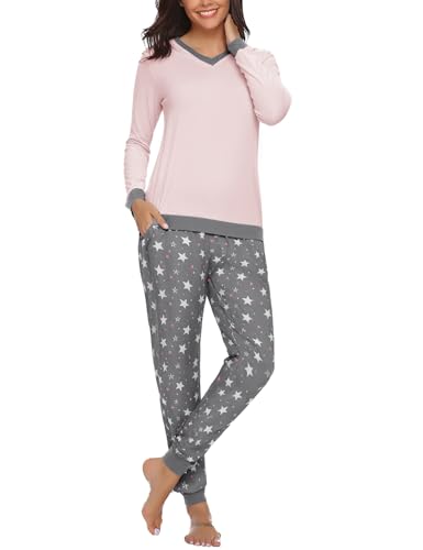 Aseniza Pijama Mujer Invierno Conjunto Algodón Manga Larga Sleepwear Suave y Cómodo Ropa de Dormir B#Rosa L