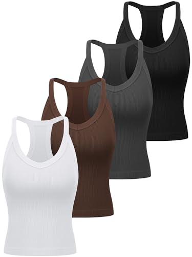 Bencailor 4 Pack Womens Ribbed Workout Tank Tops with Racerback Summer V Neck Seamless Crop Camisole for Sport