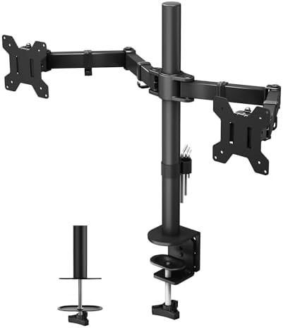 BONTEC Monitor Halterung 2 Monitore für 13-27 Zoll, 10 kg pro Arm, Schwarz | Höhenverstellbare Monitor Tischhalterung für Flach- und Curved-Bildschirme, neigbar, schwenkbar und dre