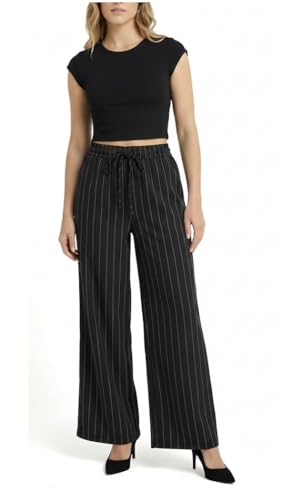 INSAFIANS Womens Stripe Palazzo Trousers Wide Leg Elasticated Waist Stretchy Casual Fit (Stripe - Black M-L Long)