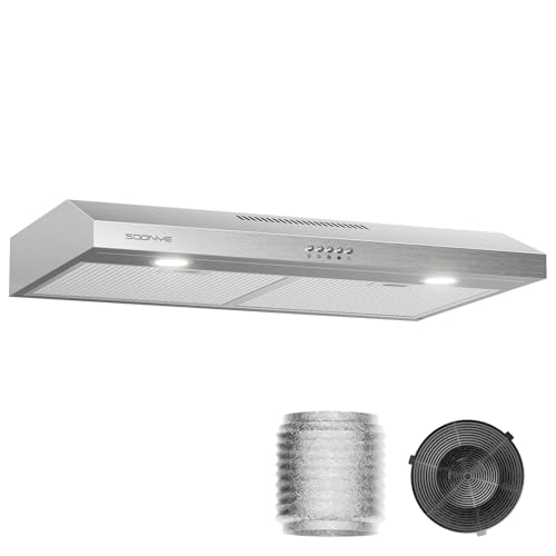 Soonye Under Cabinet Range Hood 30 inch, 250 CFM Exhaust Fan with 3-Speed Control, Stainless Steel, 5-Layers Reusable Aluminum Filter, Convertible Ducted/Ductless, LED Lights and Carbon Filters