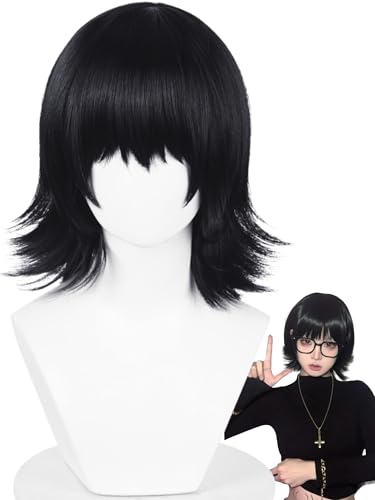Image of Shi-zuku Cosplay Wig Short Black Anime Hunter-Killer Wigs with Bangs | 15'' Black Spiky Layered Wigs Synthetic Hair for Women Halloween Party Costumes