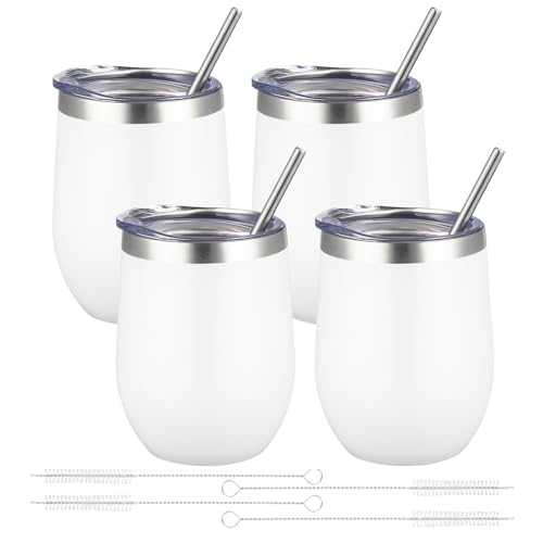 12oz/4 Pack Wine Tumbler Glasses with Lid Stemless Double Wall Vacuum Stainless Steel Travel Tumbler Keeping Cold & Hot for Wine,Coffee,Cocktails,Christmas Drinks-Family and Gifts(4 pack-White)