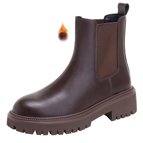 QOOEL Women's Genuine Leather Chunky Platform Chelsea Boots Classic Round
