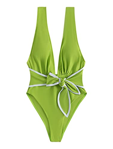 Hilinker Women's Tie Bow One Piece Swimsuit Deep V Neck Tummy Control Bathing Suit Lightgreennew Small #TOP26