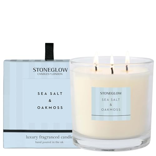 Image of Stoneglow Modern Classics Sea Salt & Oakmoss Scented Candle Boxed Glass Tumbler 760G – Crunchy Sea Salt, Red Sea Moss & Ozonic Minerals, 85 Hrs Burn Time, 3 Wicks, Long Lasting Fragrance Candle