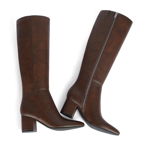 Image of Easyfox Womens Knee High Boots Chunky Low Heel Pointed Toe Tall Long Boots | Balanced Low Block Heel, Sleek Pointed Toe, Anti-slip Rubber Outsole, Fashion Heeled Dressy Fall Winter Long Boots for Women