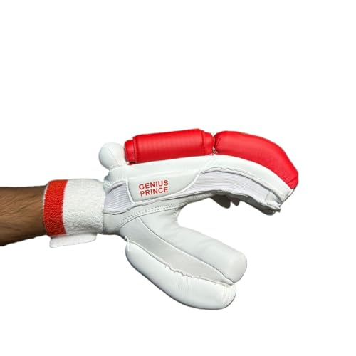Image of M*R*F Leather Plam Cricket Batting Gloves Geni*us Prince, Shubman Gill Edition White Red Gold, Leather, Professional Protection | Club Play | Tournament | Matches | (White /Red /Gold, Mens RH, Right)