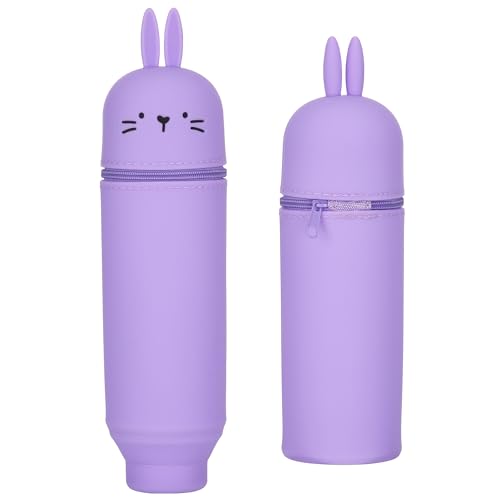 JIANTA Kawaii Federmäppchen Hase, Niedliche Federmäppchen aus weichem Silikon, Mäppchen Hase Schlampermäppchen und Stifteköcher 2 in 1 für Schule Studenten - Hase