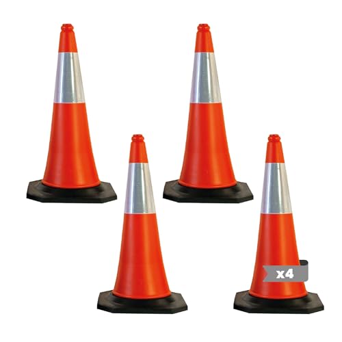 Pack 4 -Cono de Tráfico Reflectante con Base de Goma - Cono de Señalización Reflectante 750mm - Seguridad para Parking, Estacionamiento, Tráfico, Entrenamiento, Advertencia, Prohibido etc.