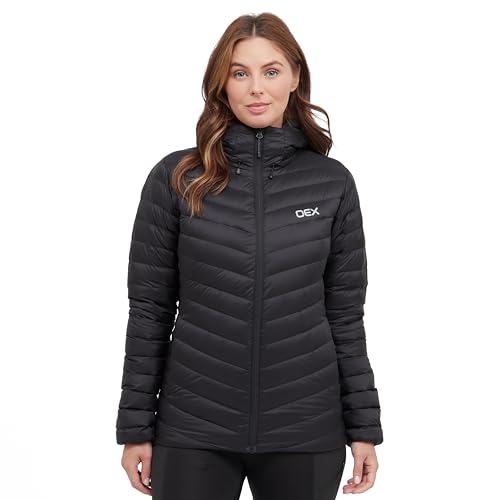 Image of OEX Women’s Kintra Down Jacket with Wired Peak Adjustable Hood & Athletic Fit, Water-repellent, Lightweight & Packable Winter Puffer Coat (UK, Numeric, 10, Regular, Regular, Black)