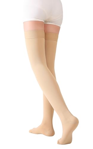 Image of TOFLY Thigh High Compression Socks for Women & Men, Closed Toe 15-20mmHg Graduated Medical Compression Stockings with Silicone Band, Opaque Support Stockings for Varicose Veins, Edema, DVT,Beige M