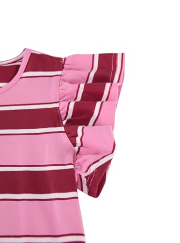 Image of Girls Striped Shirt Flutter Sleeve Top Crewneck Cute Summer T Shirts Casual Tees Red Pink 7-8 Years