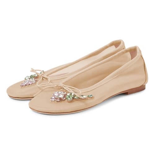 Maiyang Women Classic Floral Rhinestone Round Toe Slip on Ballet Flats Comfortable Breathable Ballroom Daily Casual Shoes Size 4-16 US4