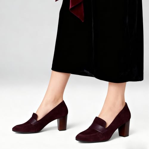 Image of SHODENSE Women Chunky Kitten Heel Pumps Shoes Round Closed Toe Slip On Suede Penny Loafers Matte Block Mid Heels Dress Loafer Almond Toe Comfort Oxford Shoes Office Work Classic Elegant 4-11 M US