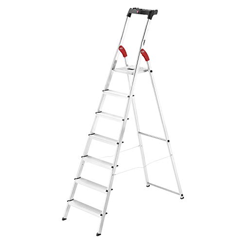 Hailo L60 StandardLine Alu-Sicherheits-Stehleiter - Leiter 7 Stufen belastbar bis 150 kg - stabile Holmführung - Stehleiter mit Ablage - klappbare Aluleiter Made in Germany - Leiter rostfrei - Silber