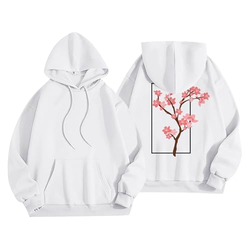 Image of Womens Sweatshirts Floral Graphic Hoodies Casual Pullover Tops White