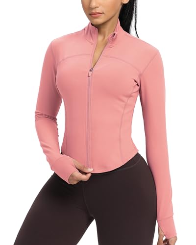 GYM RAINBOW Womens Zip Up Workout Jakcets Lightweight Slim Fit Running Athletic Jackets with Thumb Holes(#1 Pink,X-Small)