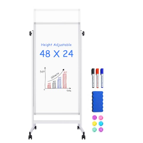 Maxtek Rolling White Board 48 x 24in,Height Adjustable Whiteboard on Wheels
