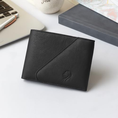 Image of VEMILIO Men's Vegan Leather Wallet for Men | Edge Cut Slim Bi-Fold Gents Purse | Stylish Wallet with Coin Pocket | 3 Card Slots | ID Window & 2 Currency Compartments (Black)