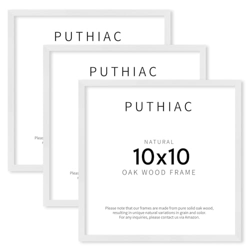 puthiac 10x10 Solid Oak Wood Picture Frames, White, 3 Pack