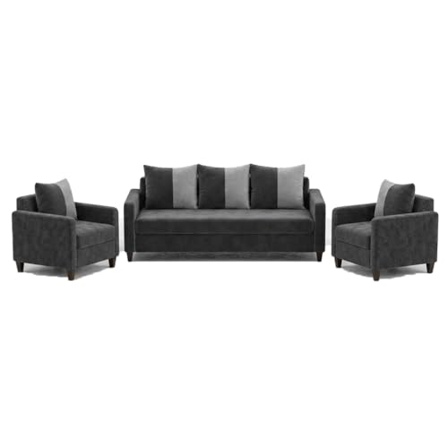 Image of FURNY Rion 3 Seater + 1 Seater + 1 Seater Fabric Sofa Set (Dark Gray-Light Gray) with Velvet Finish | Durable Comfort | Ideal for Living Room