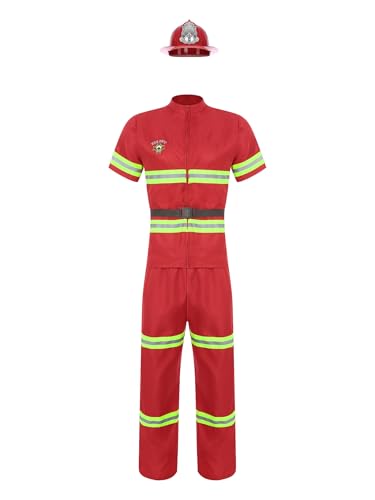 Yihuimin Deguisement Pompier Adulte Uniforme Pompier Homme avec Casque Ensemble Cosplay Costume Halloween Carnaval Rouge L