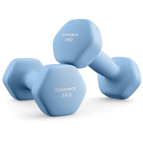 SONGMICS Set of 2 Dumbbells 2 x 3 kg Hand Weights with Neoprene Coating Hexagonal Dumbbells Pair Home Workout Fitness Training Exercise Pale Blue SYL906QZ01