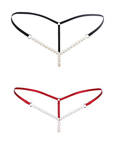 FasiCat Womens Thongs Panties Lace Briefs Sexy G Strings Underwear Pearls for Women Black Red